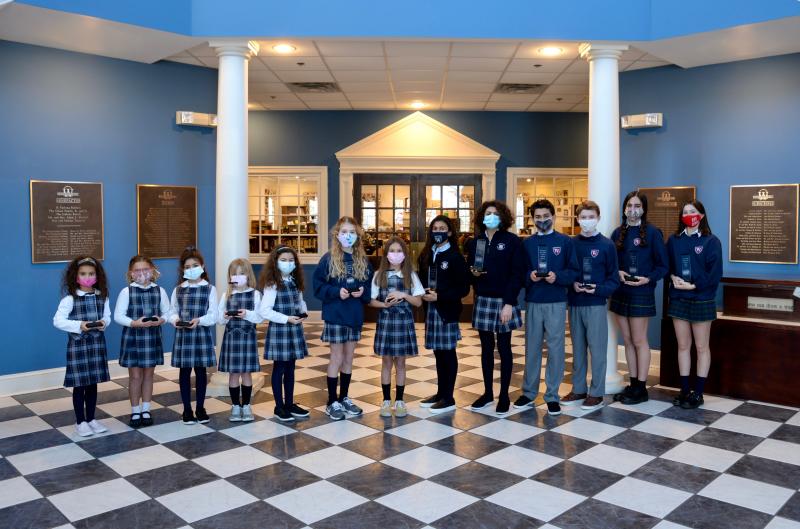 Young authors contest finalists shown are (l-r) Grade 1, Poetry: first place, Charlize Damouni, Lewes; Grade 1, Short Story: second place, Isabella Brueckner, Ocean City, Md.; Grade 2, Poetry: first place, Serena Jaoude, Lewes; Grade 2, Short Story: third place, Madelyn Bobenko, Berlin, Md.; Grade 3, Poetry: first place, Lea Jaoude, Lewes; Grade 5, Poetry: third place, Ellie Phillips, Ocean City; Grade 5, Short Story: third place, Rani Yonker, Berlin, Md.; Grade 6, Poetry: second place, Gabriella Damouni, Lewes; Grade 6, Short Story: second place, Mia Jaoude, Lewes; Grade 7, Short Story: third place, Jude Damouni, Lewes; Grade 8, Short Story: second place, Landon Schul, Ocean City; Grade 9, Poetry: second place, Sara Freih, Rehoboth Beach; and Grade 9, Poetry: third place, Madi Nechay, Hebron, Md. Not pictured is Ryan Shipp of Rehoboth Beach, first place, Grade 5, Short Story. SUBMITTED PHOTO